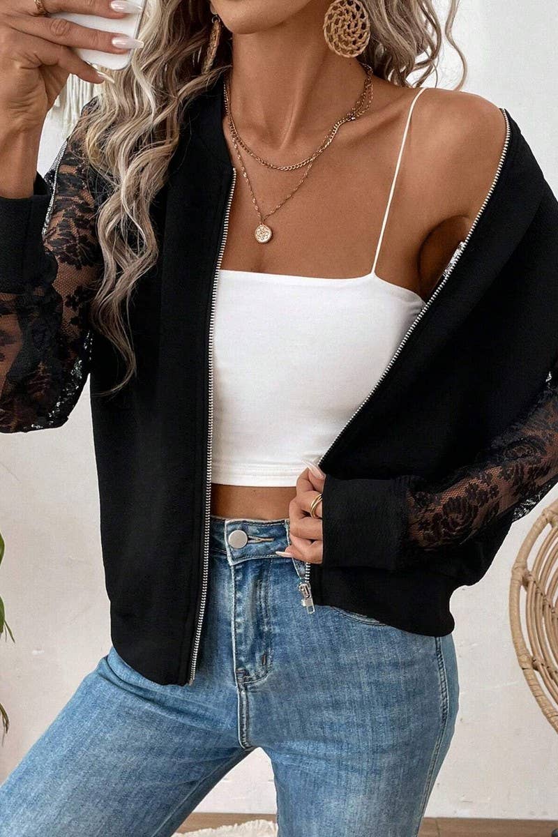 Lennon Lace Sleeve Zip-Up Jacket – Black Baseball Collar