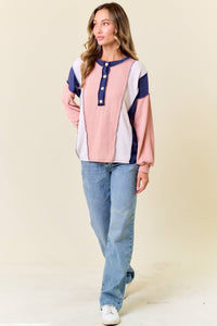 The Clara Colorblock Waffle Knit Henley – Neutral Stripe Patch Pullover