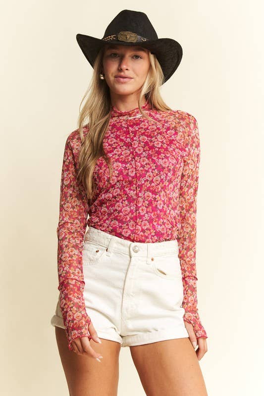 Juniper Mesh Floral Mock Neck Top | Long Sleeve Sheer Layering Blouse