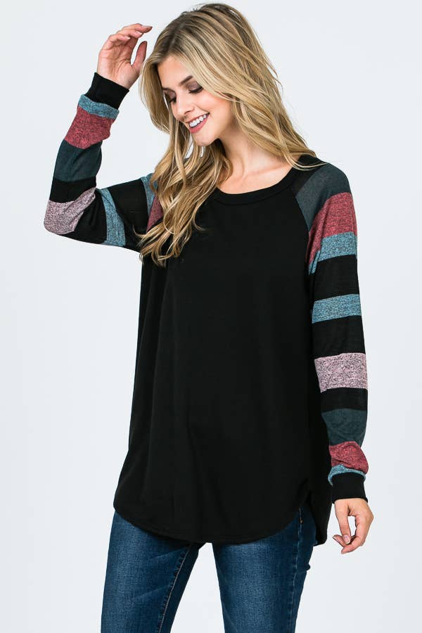 Lisa Stripe Sleeve Casual Blouse: Jade/ Black