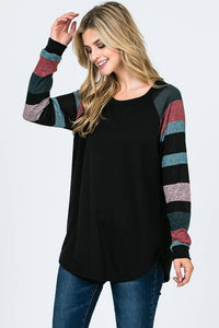 Lisa Stripe Sleeve Casual Blouse: Jade/ Black