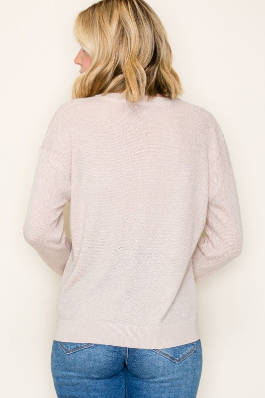 Staccato Lightweight Textured Pullover Sweater – Oatmeal Crew Neck Long Sleeve