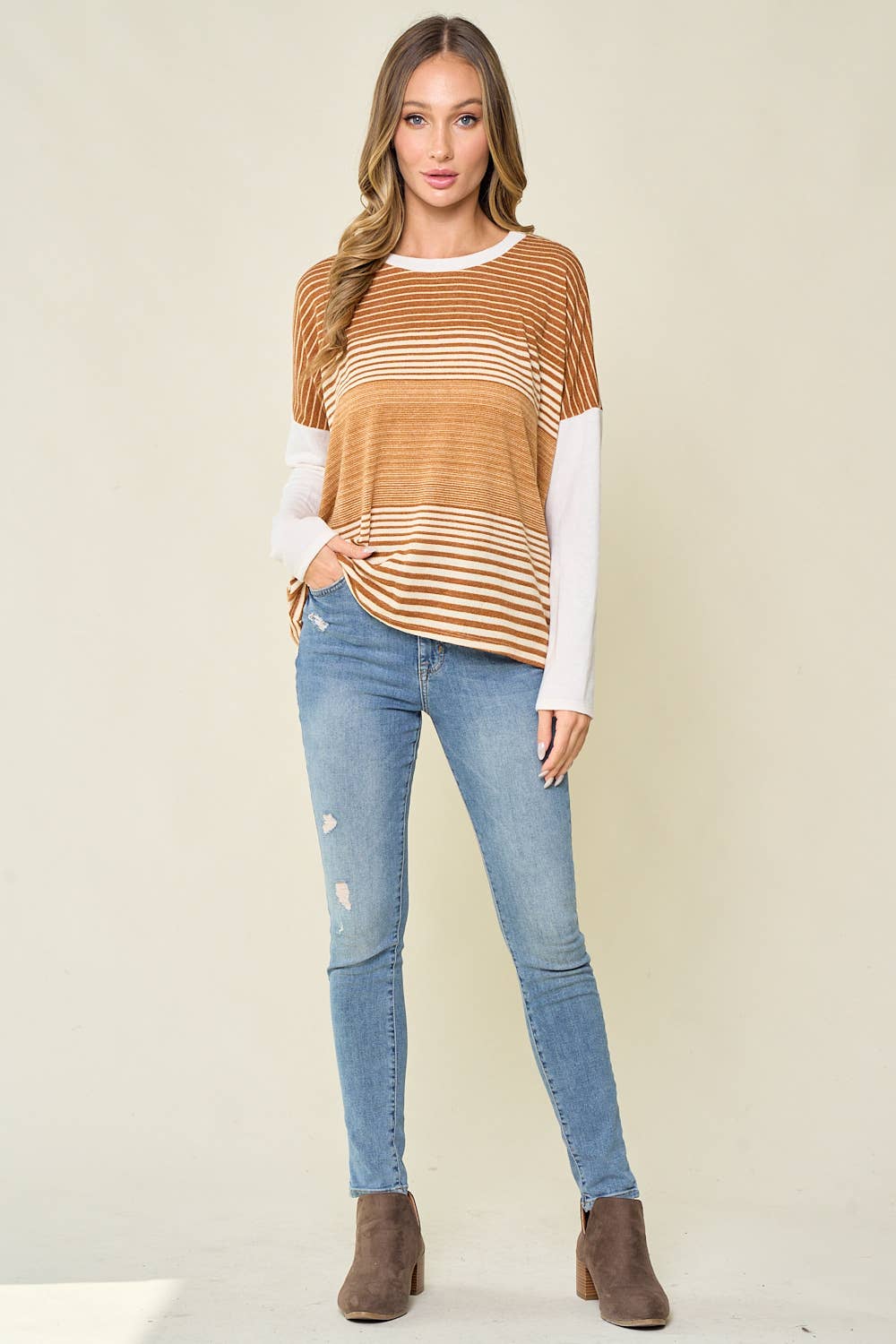 The Hadley Mixed Stripe Long Sleeve Knit Top – Mustard + Ivory Colorblock Pullover