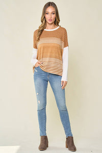 The Hadley Mixed Stripe Long Sleeve Knit Top – Mustard + Ivory Colorblock Pullover