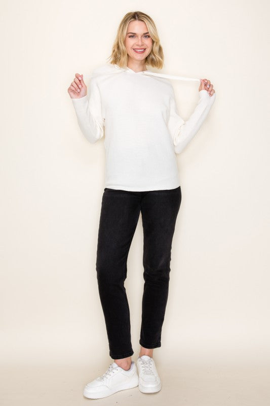 Staccato Mini Waffle Knit Hoodie Sweater – Pullover Dolman Sleeve in Terracotta, Ivory & Sage