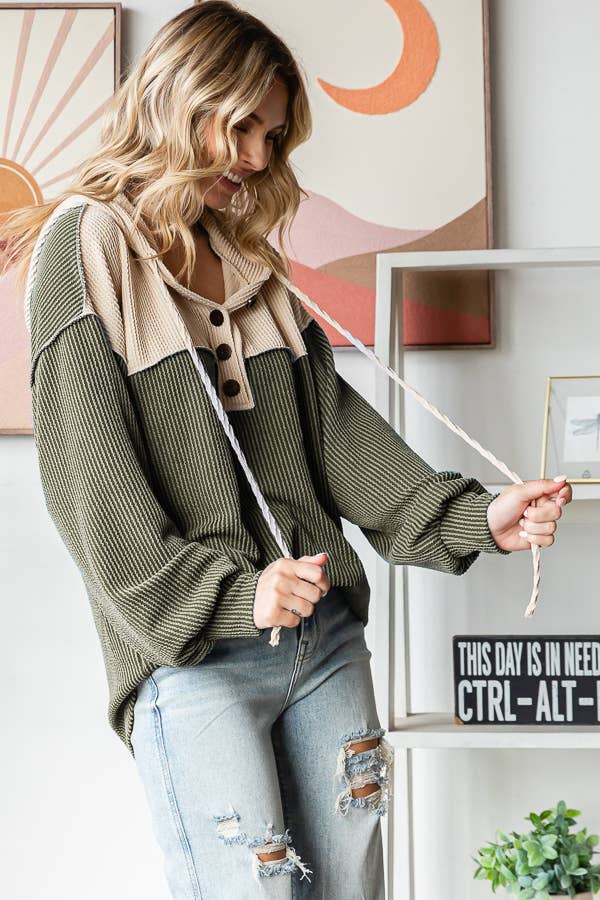 Elena Ribbed Button Front Hoodie – Colorblock Knit Pullover with Bishop Sleeves