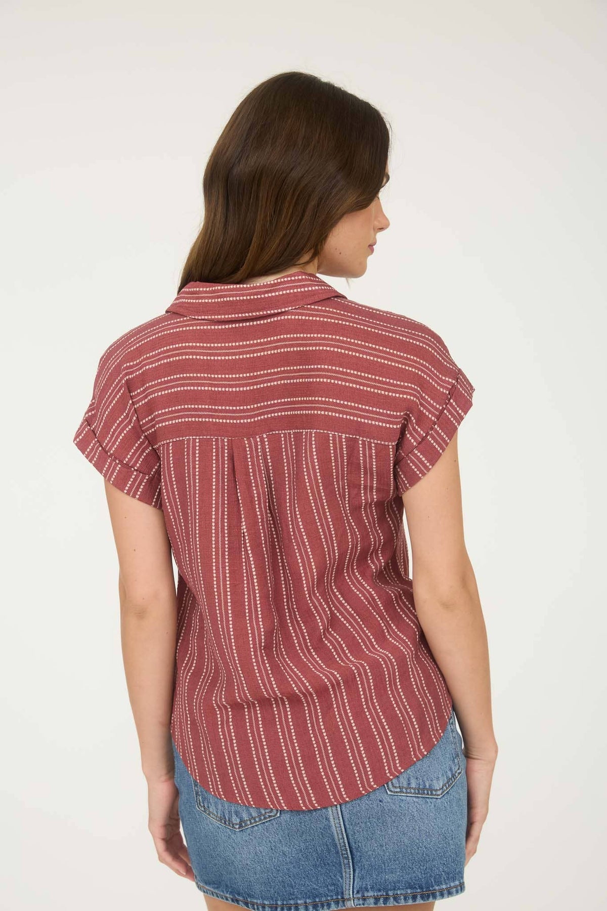 The Presley Striped Button Front Top –Burgundy Collared V-Neck Shirt with Pocket