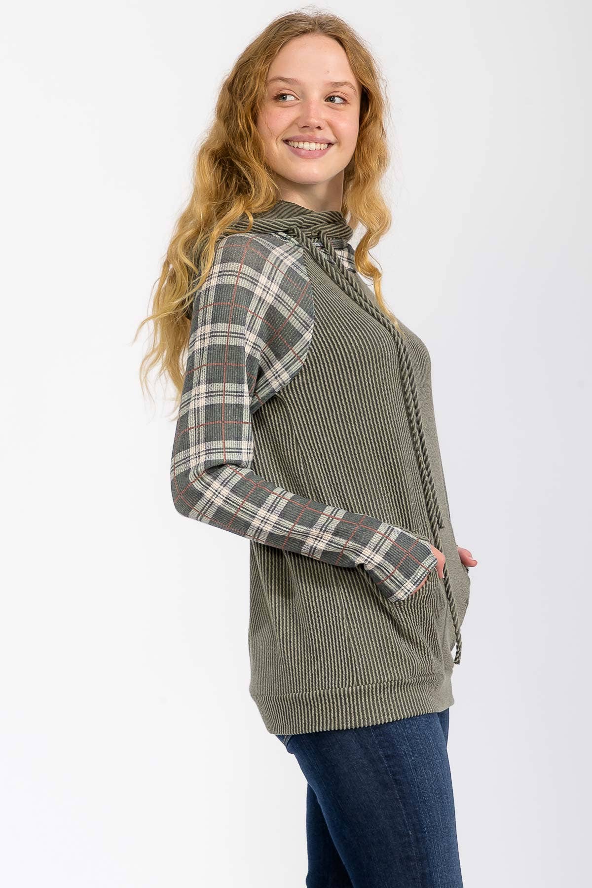 Everly Plaid Contrast Double Hooded Pullover – Ribbed Knit Hoodie with Thumbholes