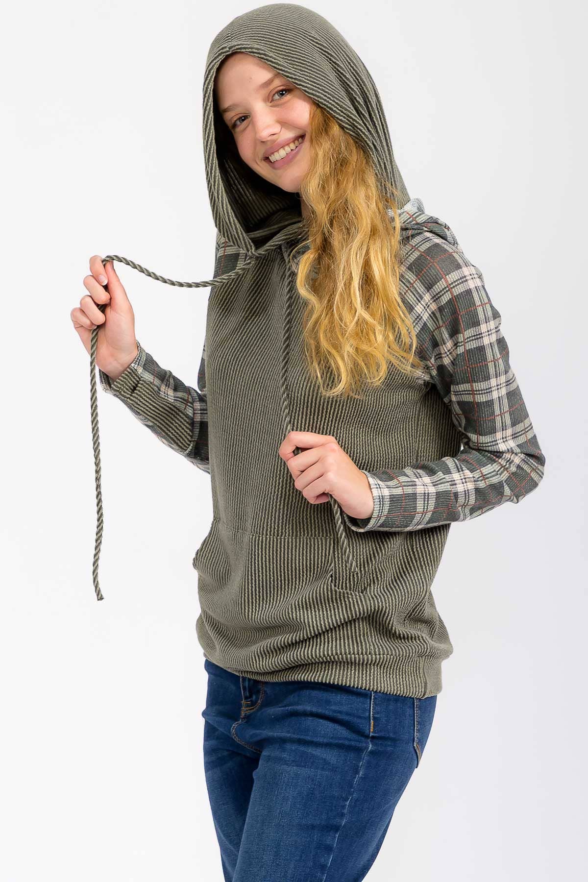 Everly Plaid Contrast Double Hooded Pullover – Ribbed Knit Hoodie with Thumbholes