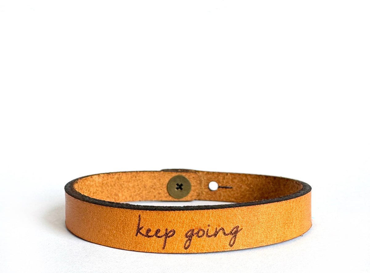 "Keep Going" Engraved Leather Bracelet – Adjustable Full Grain Motivational Cuff