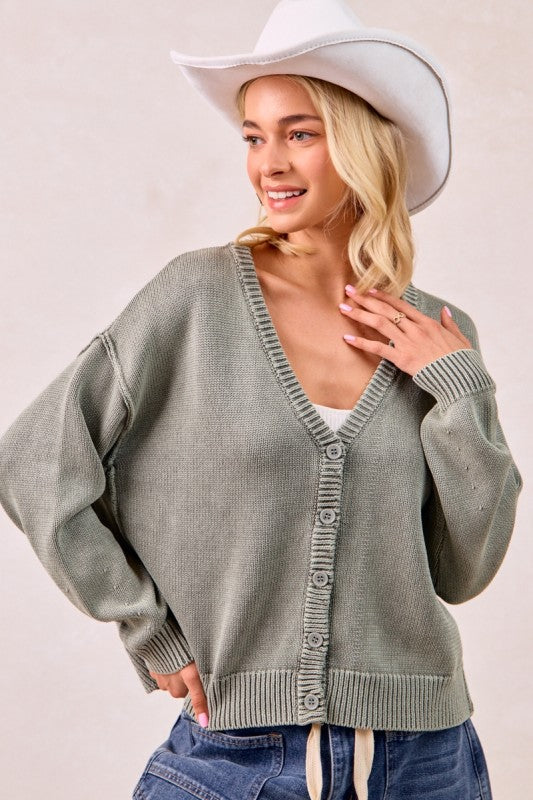 The Tatum Washed Cotton V-Neck Cardigan – Vintage Wash Olive Green Knit Button Front  Product Description: