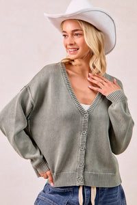 The Tatum Washed Cotton V-Neck Cardigan – Vintage Wash Olive Green Knit Button Front  Product Description: