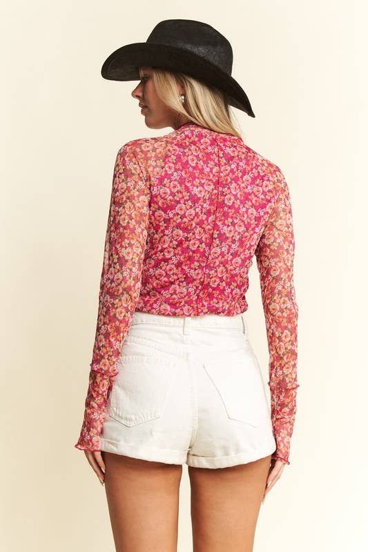 Juniper Mesh Floral Mock Neck Top | Long Sleeve Sheer Layering Blouse