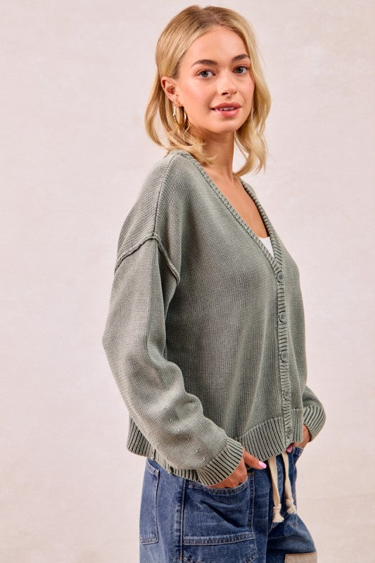 The Tatum Washed Cotton V-Neck Cardigan – Vintage Wash Olive Green Knit Button Front  Product Description: