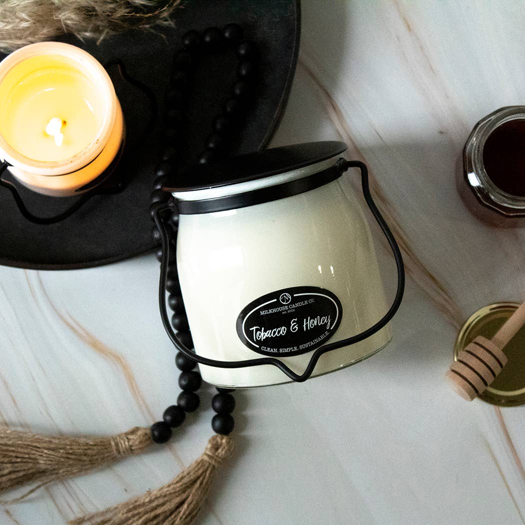 16 oz Butter Jar Soy Candle: Tobacco & Honey, by Milkhouse