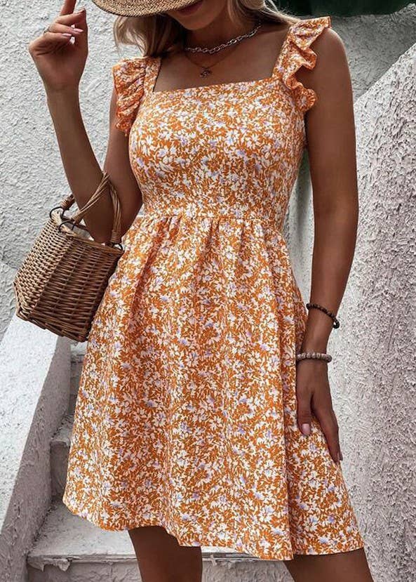 Daisy Lane Ruffle Strap Dress – Orange Floral Square Neck