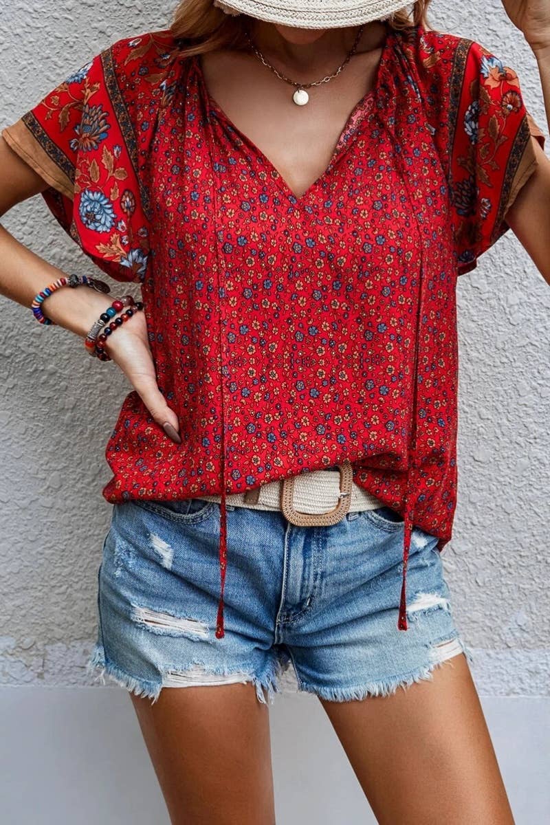 Sadie Boho Bloom V-Neck Top – Red Floral Print