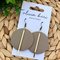 Lindsay Black Leather Circle Earrings with Gold Bar – Minimalist Statement Dangles