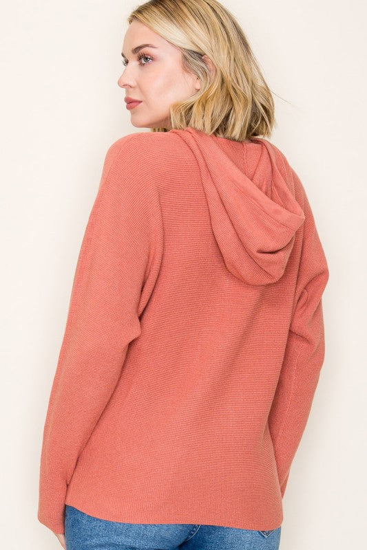 Staccato Mini Waffle Knit Hoodie Sweater – Pullover Dolman Sleeve in Terracotta, Ivory & Sage
