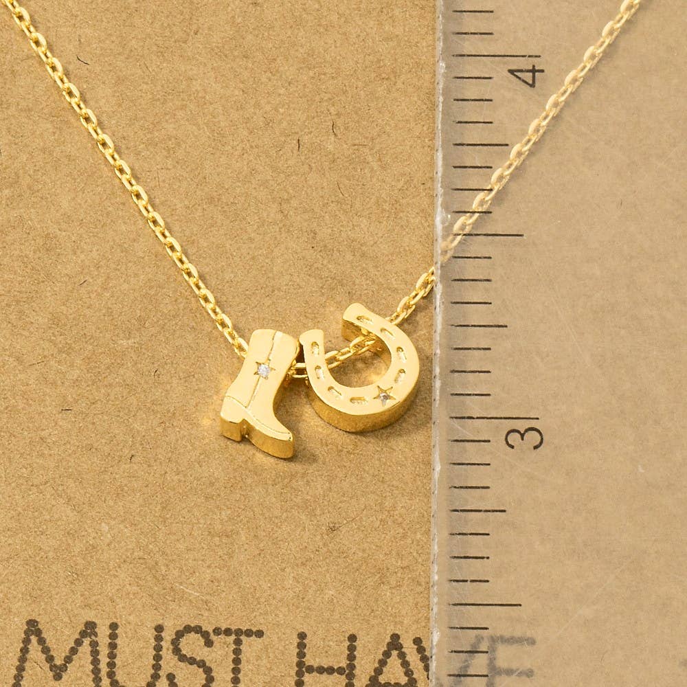 Lucky Cowgirl Charm Necklace – Western Boot & Horseshoe Pendant in Gold or Silver