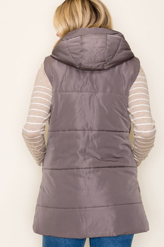 The Briar Hooded Puffer Vest – Gunmetal & Evergreen Mist