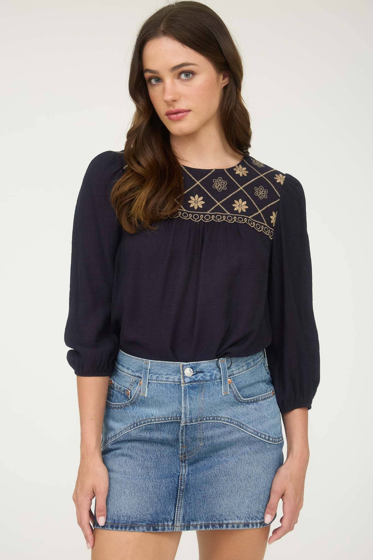 The Rylie Embroidered Yoke Blouse – 3/4 Sleeve Boho Top (Navy or Taupe)