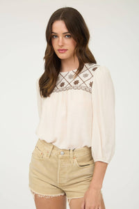 The Rylie Embroidered Yoke Blouse – 3/4 Sleeve Boho Top (Navy or Taupe)