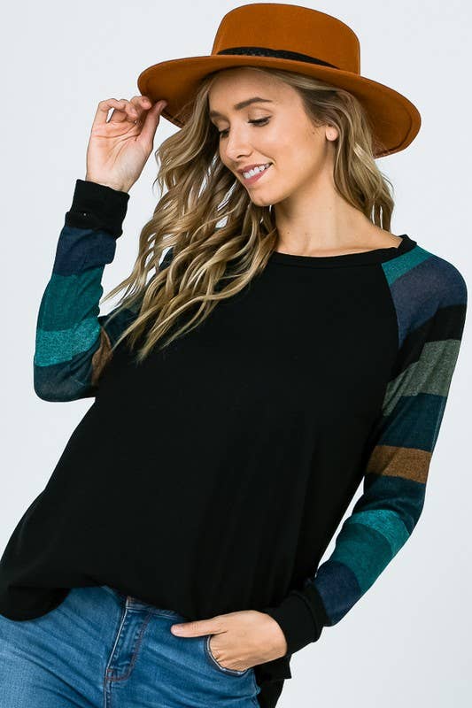Lisa Stripe Sleeve Casual Blouse: Jade/ Black