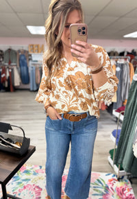 The Maren Split Neck Floral Blouse – Autumn Spice Print Top