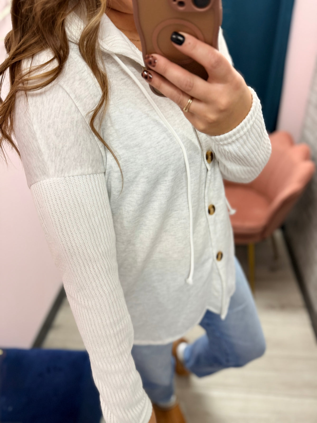 The Lennon Knit Sleeve Hooded Button-Up – Heather Gray