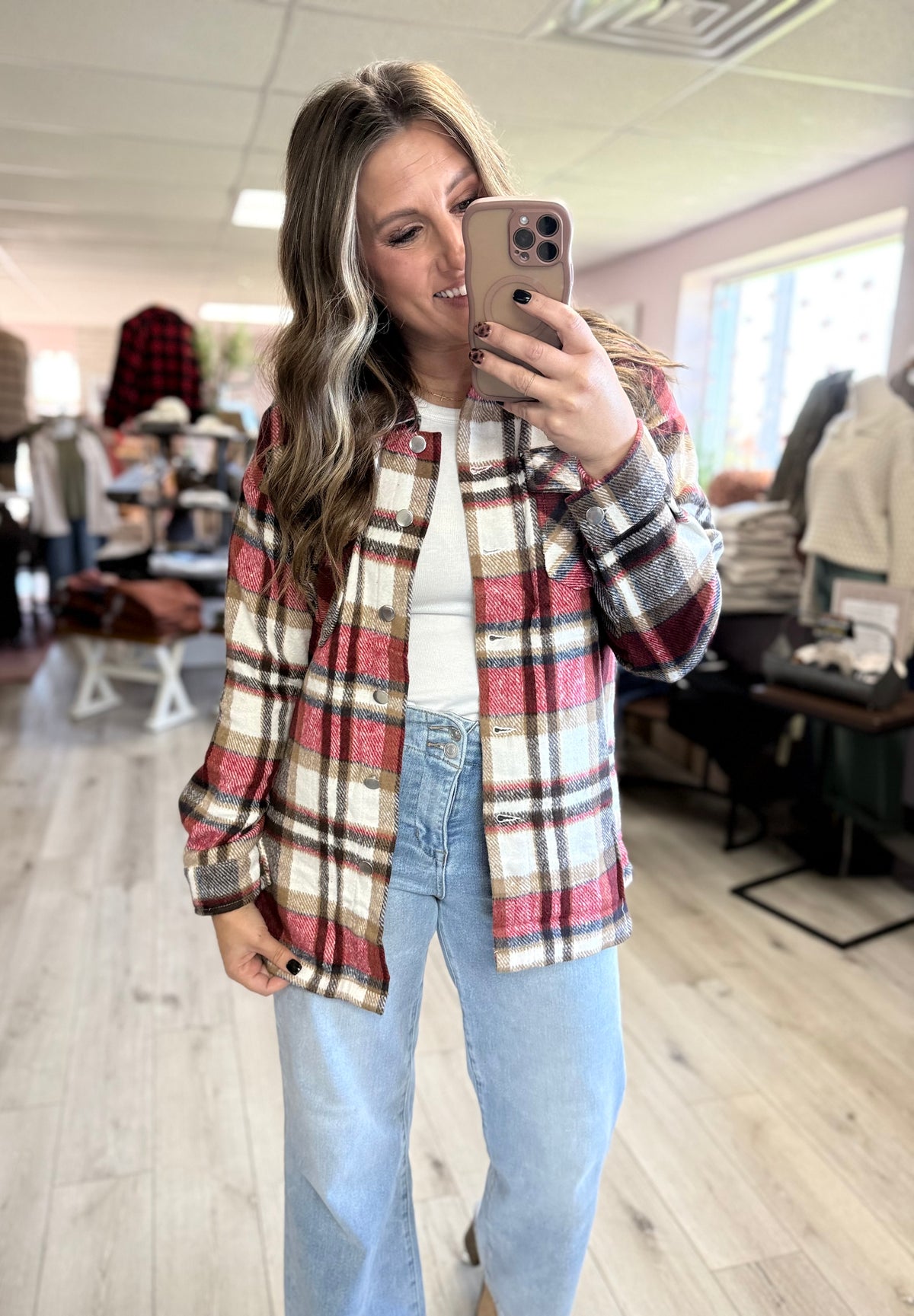 The Sadie Plaid Button-Up Shacket – Red Clay Check (S–XL)