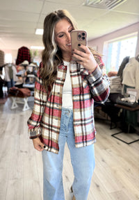 The Sadie Plaid Button-Up Shacket – Red Clay Check (S–XL)