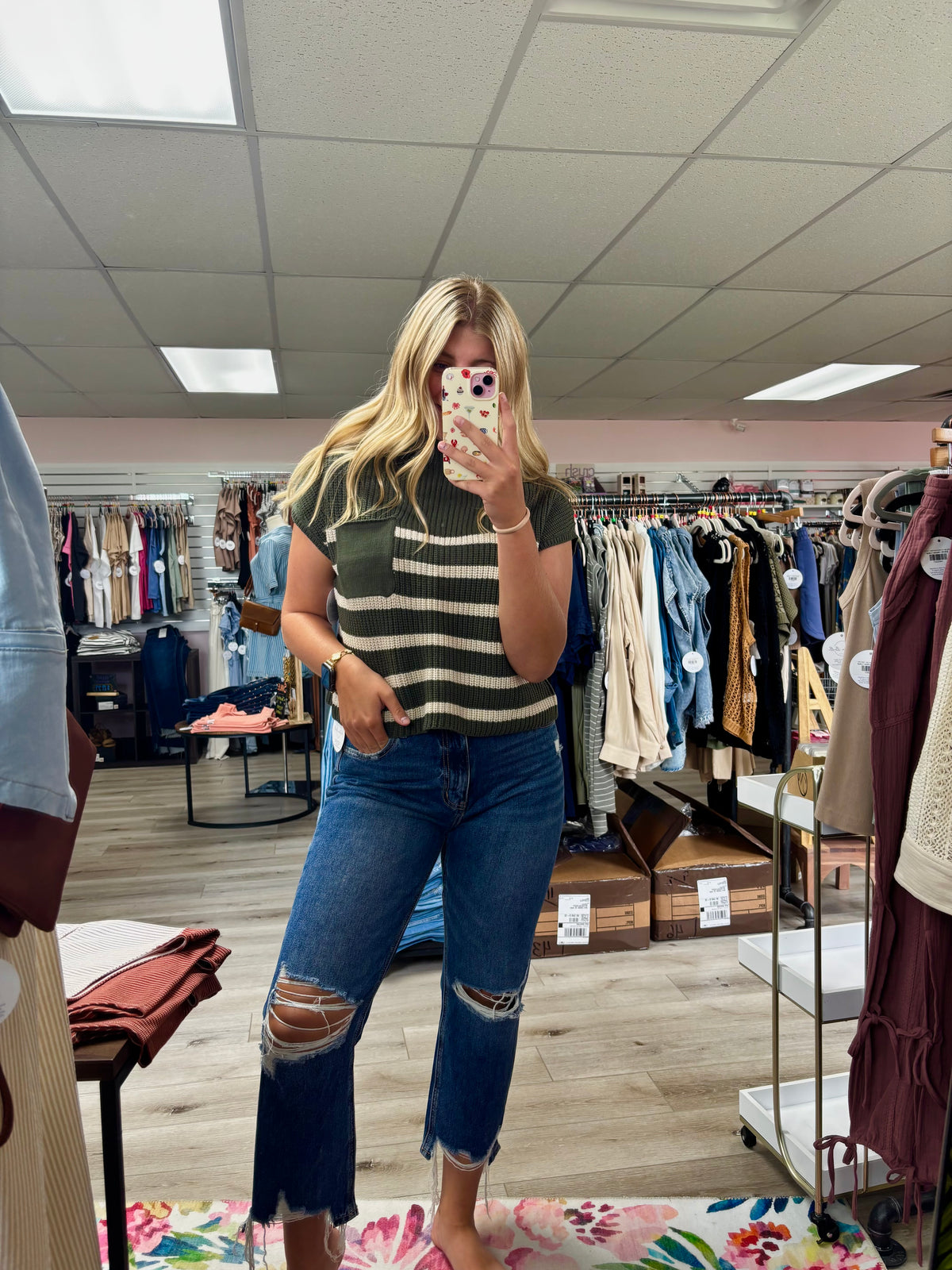 The Gracelyn Striped Knit Sweater – Dark Olive