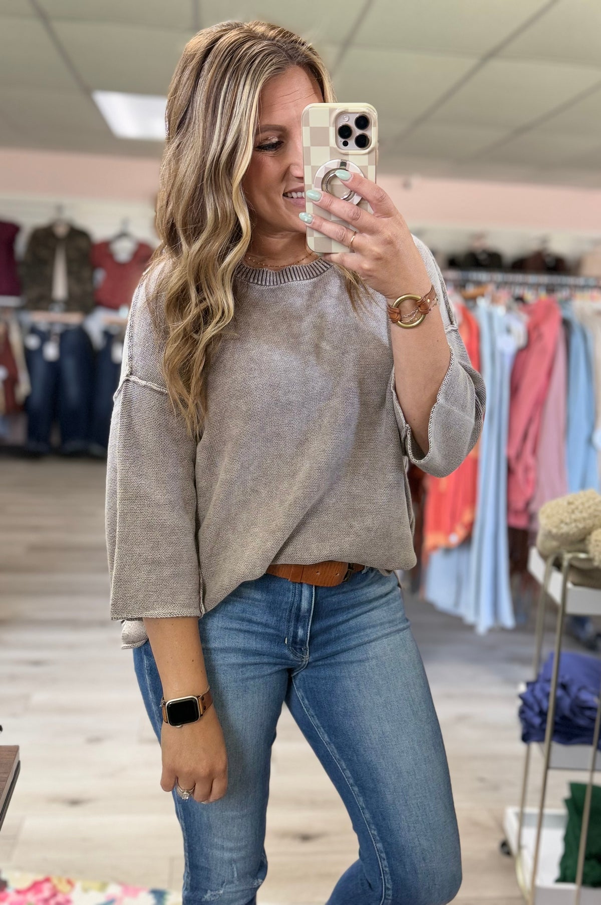 Hadley Boxy Cotton Sweater – 3/4 Sleeve Lightweight Knit Top