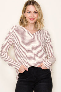 Staccato Striped Hacci V-Neck Long Sleeve Top – Soft Stretch Knit with Side Slits