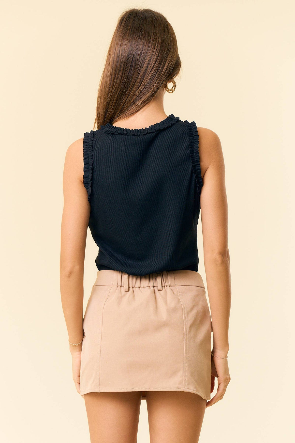 The Ivy Ruffle Ribbed Tank – Sleeveless Fitted Top with Ruffle Trim | Stretch Knit Crew Neck Tank