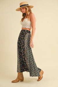 Melanie Floral Patchwork Maxi Skirt – Boho High Waist Flowy Skirt
