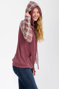 Everly Plaid Contrast Double Hooded Pullover – Ribbed Knit Hoodie with Thumbholes