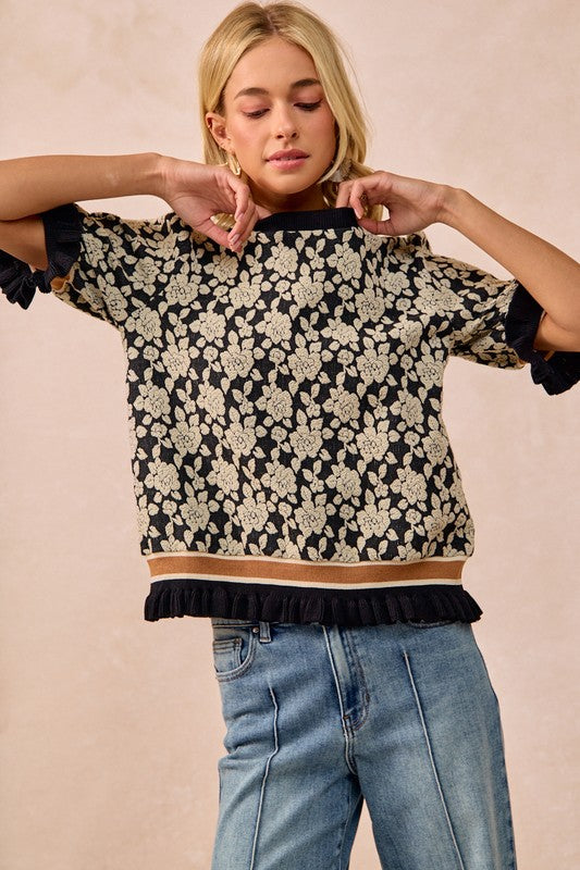 The Colette Textured Rose Knit Top – Midnight Bloom