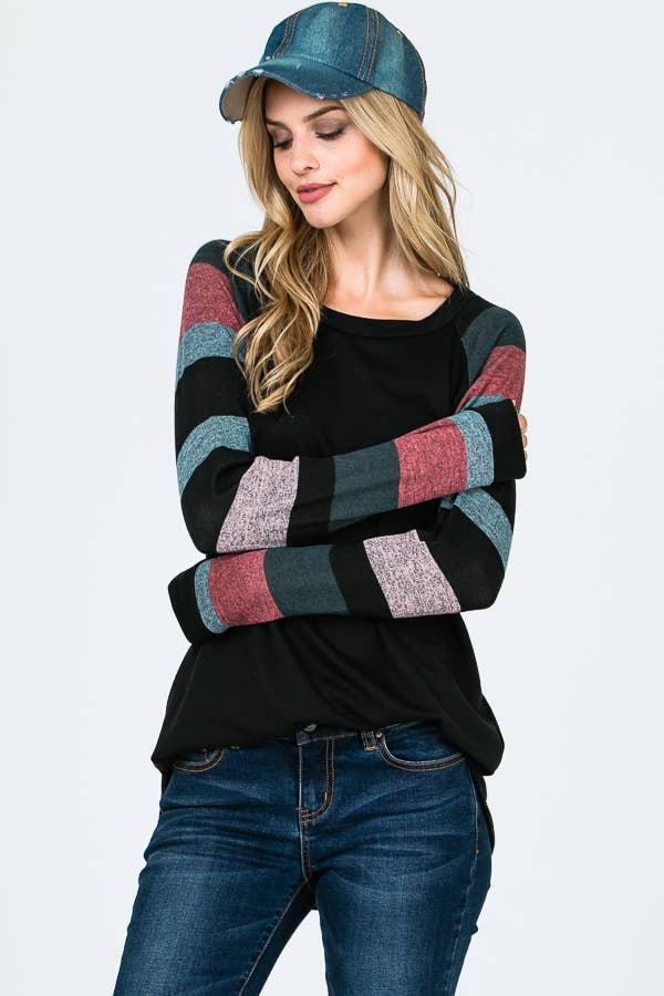 Lisa Stripe Sleeve Casual Blouse: Jade/ Black