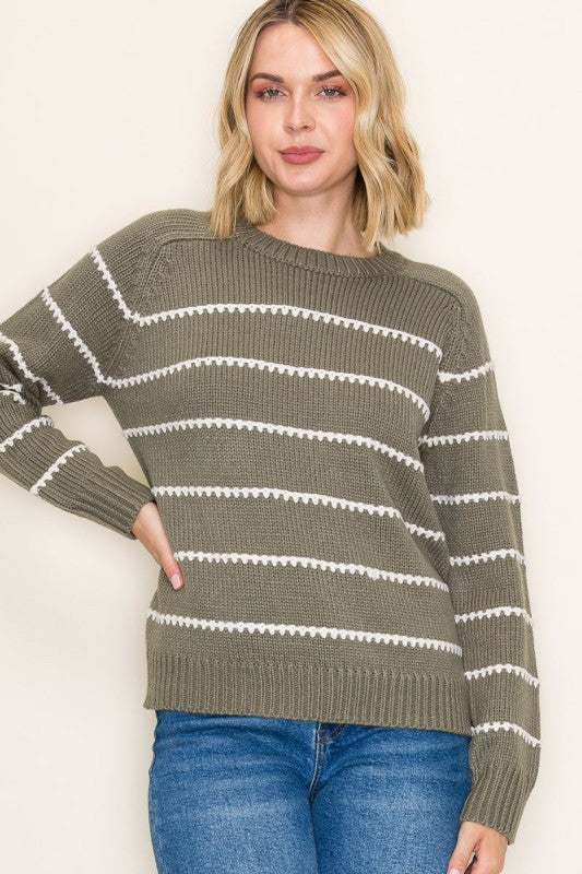 Rosalind Striped Crew Neck Pullover Sweater – Cozy Long Sleeve Knit Top
