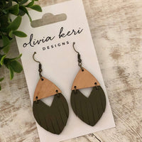 Josie Olive Green Leather & Wood Drop Earrings – Boho Chic Lightweight Dangles