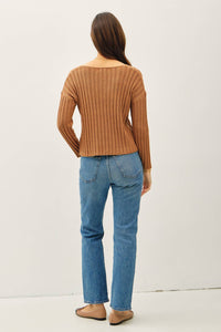 Georgia Ribbed V-Neck Sweater – Cozy Rust Knit Pullover with Drop Shoulders