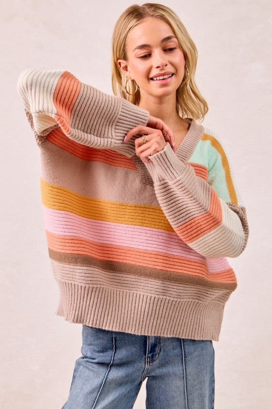 The Mabel Multi Stripe V-Neck Sweater – Pastel Rainbow Knit Pullover