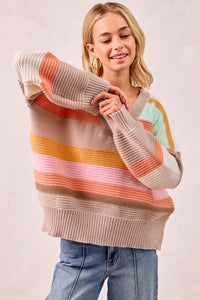The Mabel Multi Stripe V-Neck Sweater – Pastel Rainbow Knit Pullover