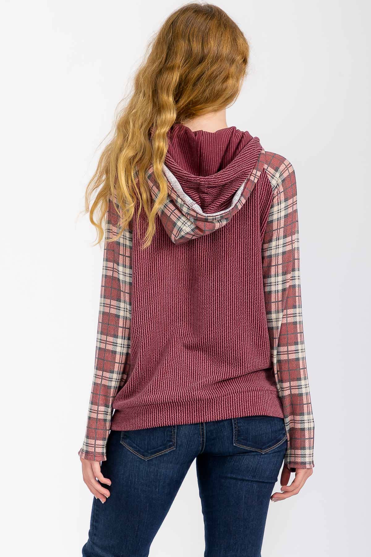Everly Plaid Contrast Double Hooded Pullover – Ribbed Knit Hoodie with Thumbholes