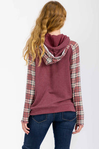 Everly Plaid Contrast Double Hooded Pullover – Ribbed Knit Hoodie with Thumbholes