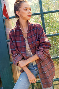 Kayla Vintage Wash Oversized Plaid Flannel Button-Up Shirt: Chocolate – Long Sleeve Layering Top