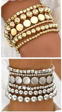 Multi-Chain Beaded Stretch Bracelet Set | Layered Statement Jewelry in Gold & Silve