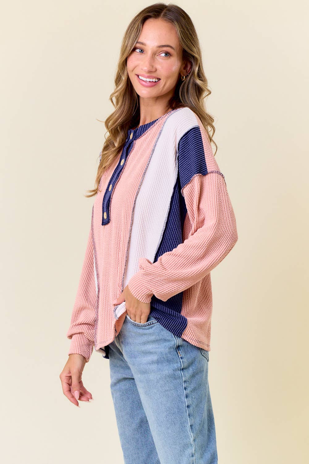The Clara Colorblock Waffle Knit Henley – Neutral Stripe Patch Pullover